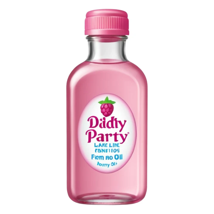 realistic Johnson and Johnson style bottle pink cap pink logo clear bottle with aint no party like a berry party written on the logo with diddy oil and a berry on top bottle sticker
