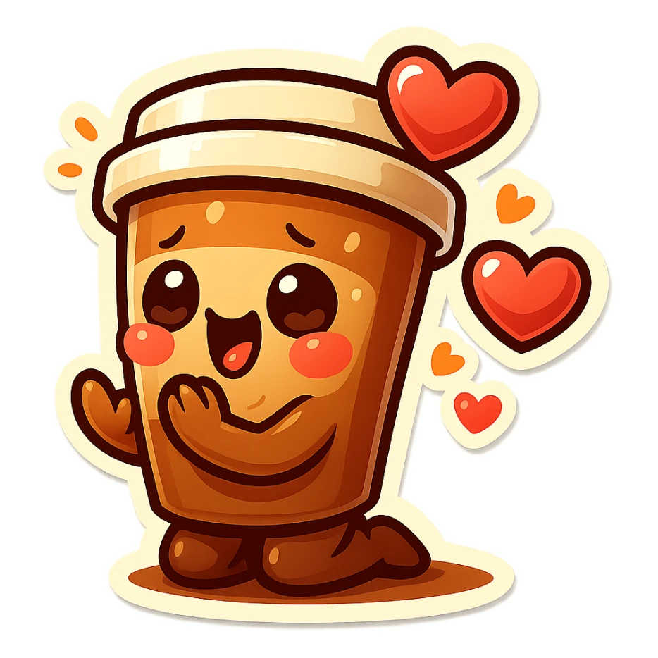 Tall coffee cup, bowing on knees, gushing with love, worship sticker