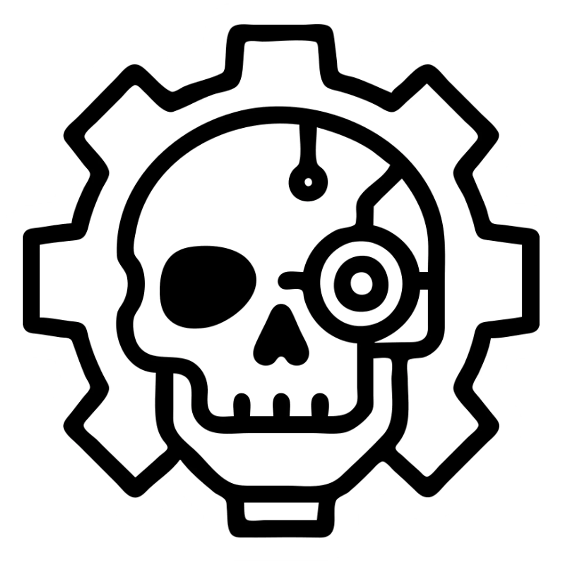 Cyborg skull within a mechanical cogwheel, inspired by Adeptus Mechanicus from Warhammer 40k, detailed and metallic, no text sticker