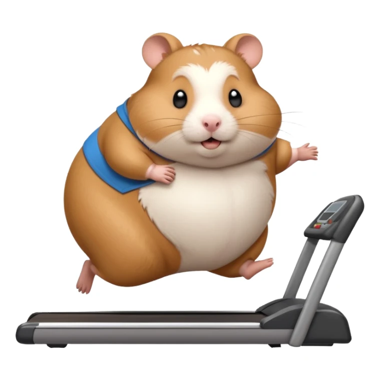 fat hamster big belly trying to run on treadmill sideways desperately trying to catch up with speed sticker