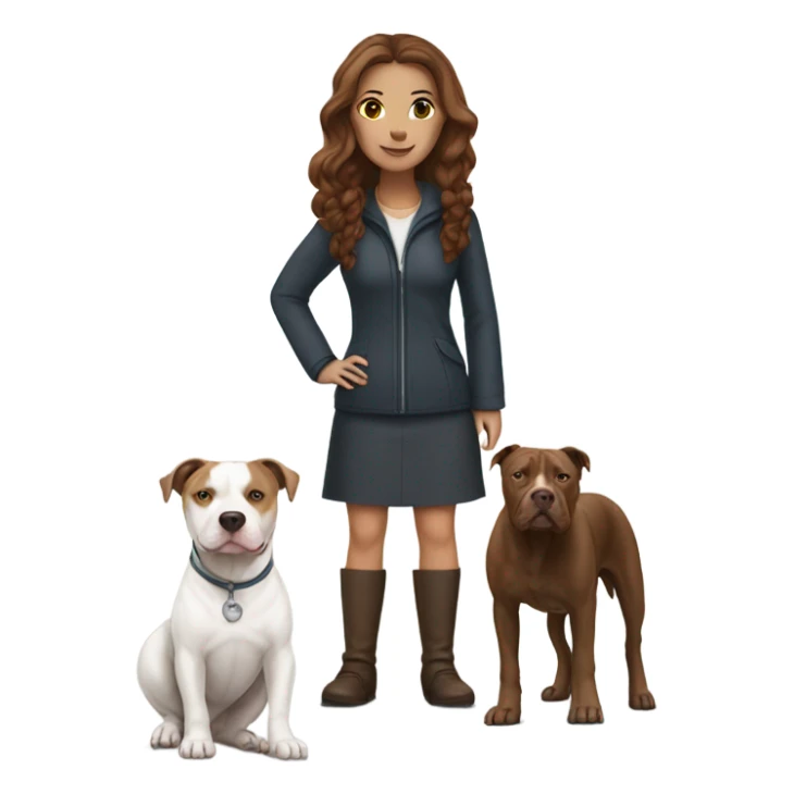white woman with straight long brown hair standing alongside a white pitbull sticker