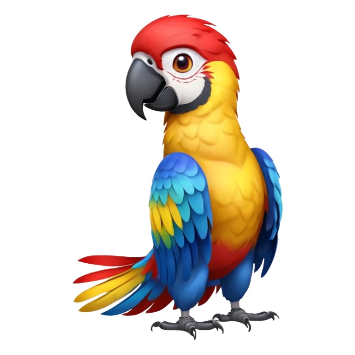 cinematic-macaw-realistic-full-body-standing-emoji,-vibrant-feathers-glowing-with-rich-reds,-blues,-and-yellows,-head-tilted-dramatically,-curved-beak-gleaming,-piercing-dark-eyes-exuding-confidence,-simplified-yet-realistic-focused sticker