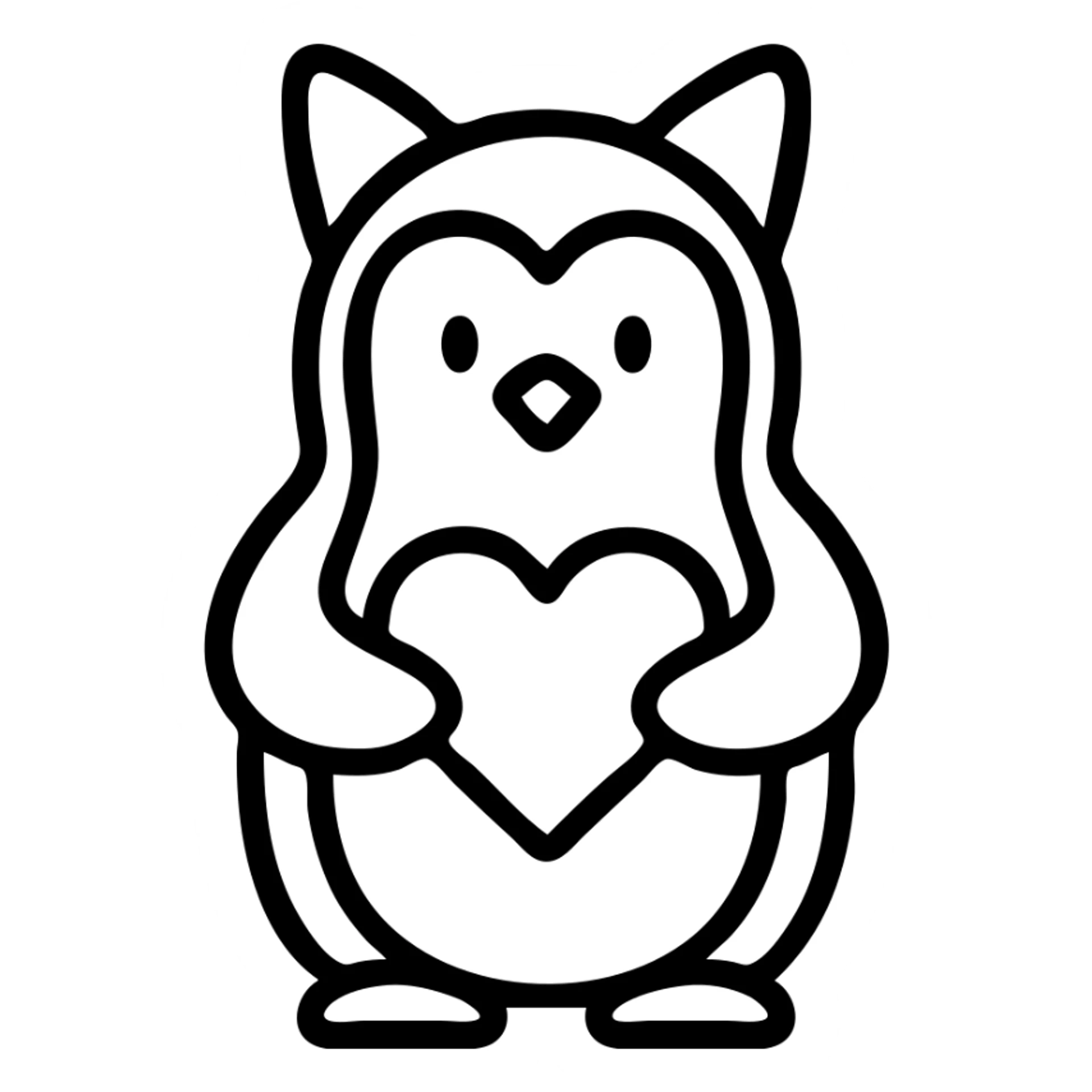 penguin holding a heart, wearing kitty ears, outlined icon style, black lines, no fill, minimal, modern, no background sticker