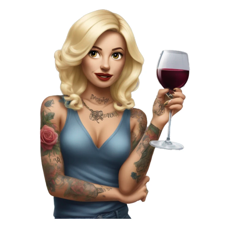 Blonde elegant women, her body covered with tattoos, wine in her one hand, pointing on you with her other hand , Hyper realistic sticker