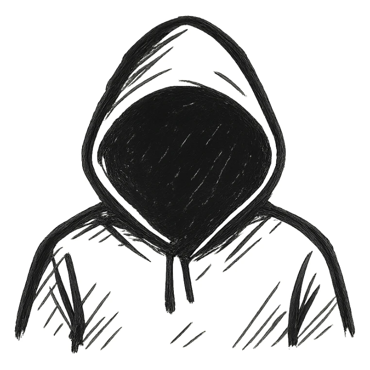 silhouette of a hooded hacker, dramatic, minimal, strong contrast, no background sticker