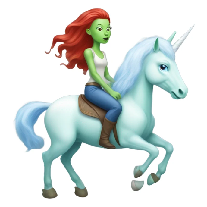[(a light green Amazon alien woman with red hair with blue eyes) on a (four-legged white unicorn with a light blue mane)] sticker