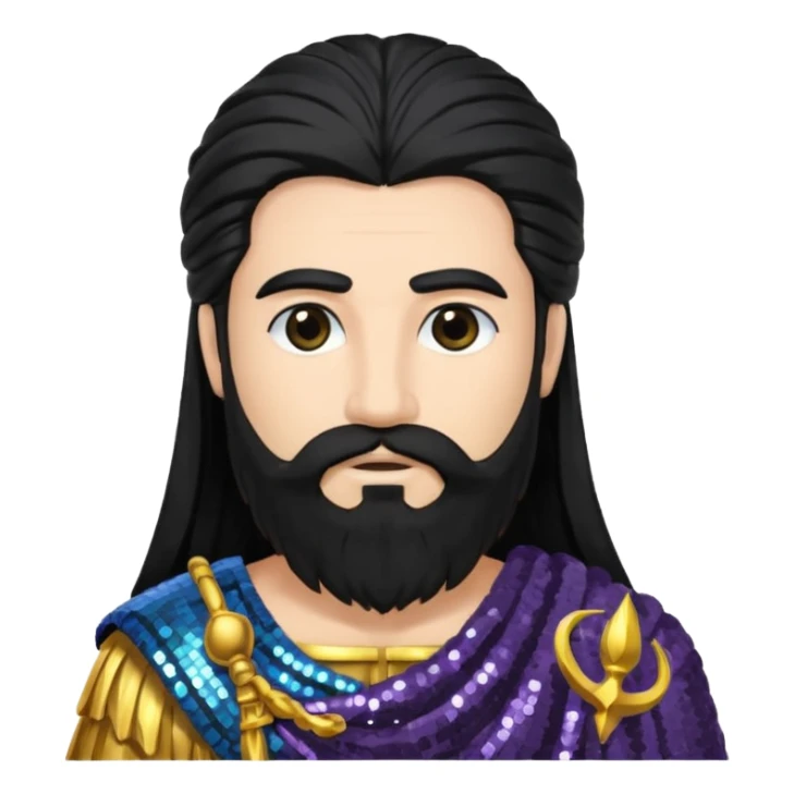 Saturn Time God with long black hair and beard, dark grey sequin toga sticker