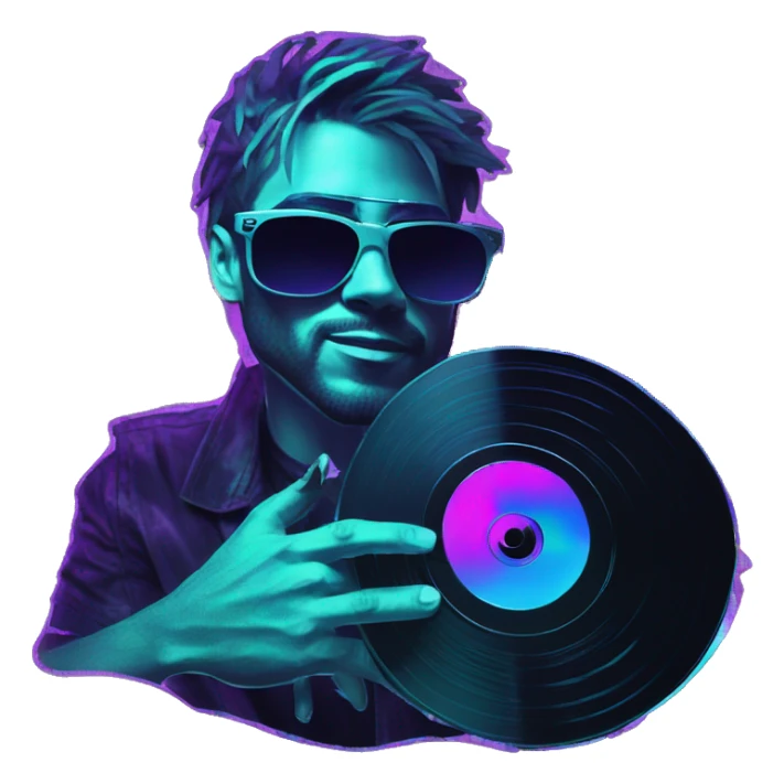 A dj wearing sunglasses playing music holding a cd record record, vinyl, oilslick holographic blacklight inverted graffiti dark dull sticker