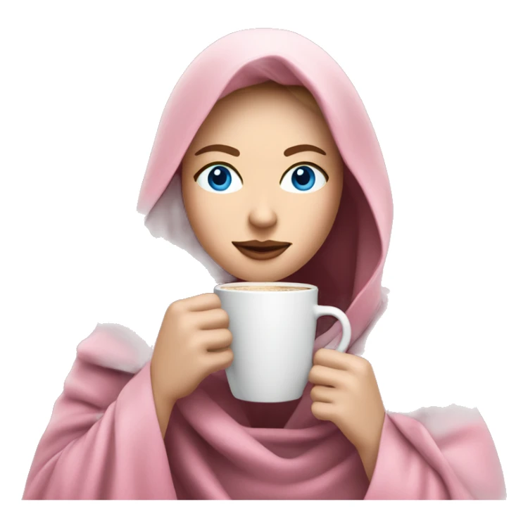 Woman with pale skin, blue eyes, and dark brown here drinking coffee while wrapped in a pink planket sticker