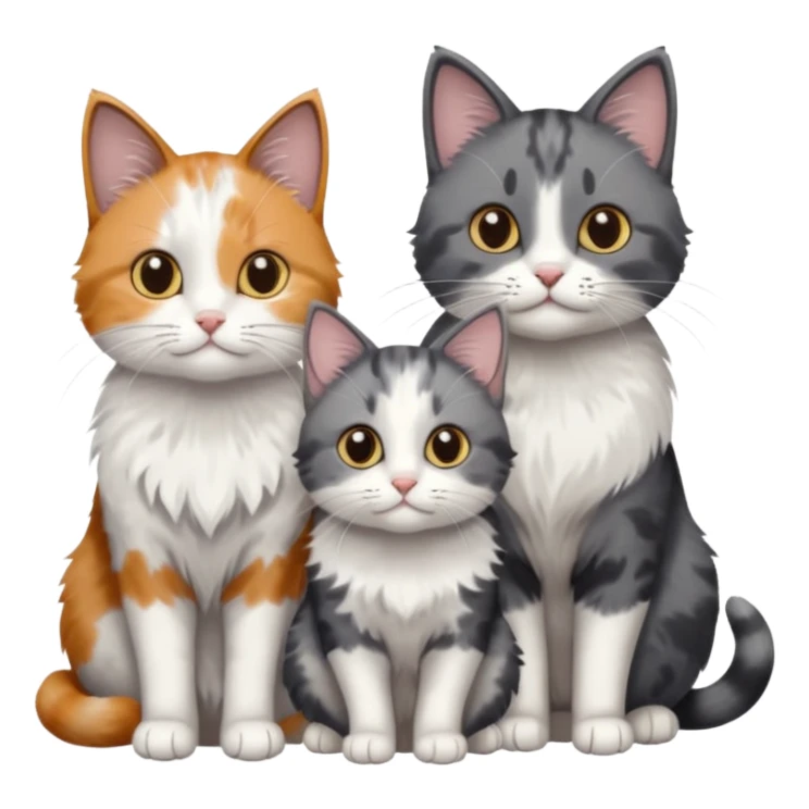 3 different coloured small cats including a dark grey and white, and a patchy calico and a solid grey with only white paws sticker