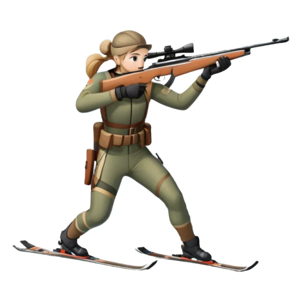 An icon showing a snowy landscape with pine trees, mountains, and a clear sky with a biathlete aiming a rifle in the foreground, wearing winter gear and skis. Transparent background emphasizes the precision, endurance, and beauty of this winter sport. sticker