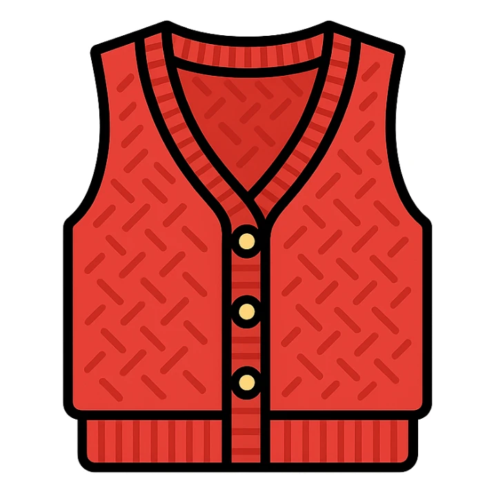 red Barry vest inspired by Sézane, front view, visible buttons, knit texture, transparent background, simple and chic style to illustrate knitwear sticker