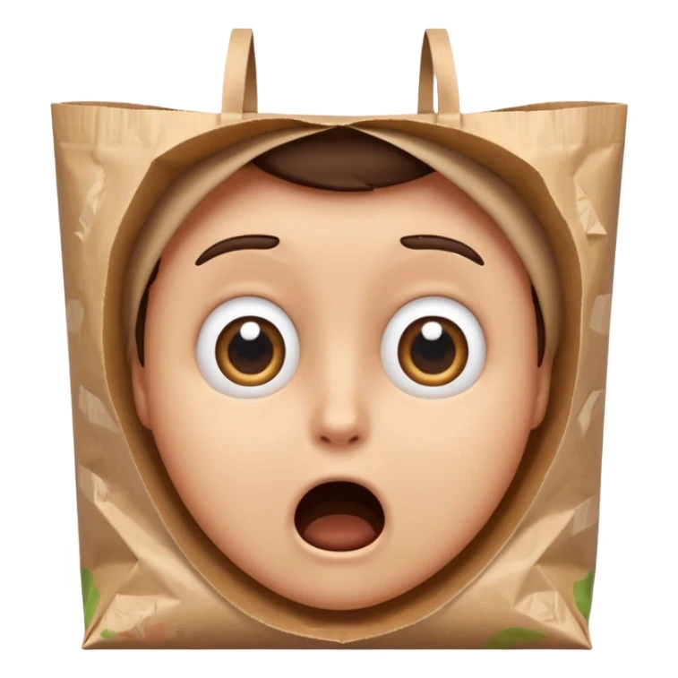 typical iOS emoji style face, wide eyes, breathing anxiously into a brown paper bag, panic expression sticker