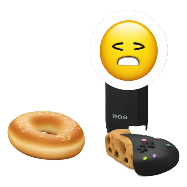 ps5 on a desk next to a bagel with lochs sticker