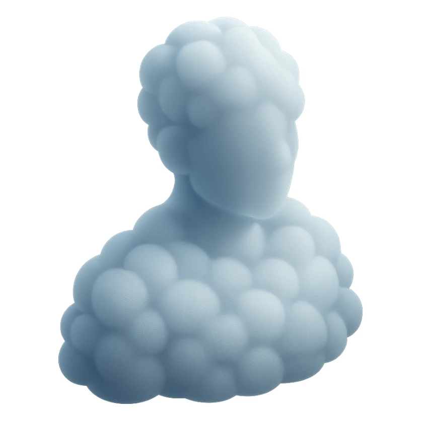 a person turned exactly, fully composed of white fluffy convex clouds up to the shoulders, matte glass style sticker