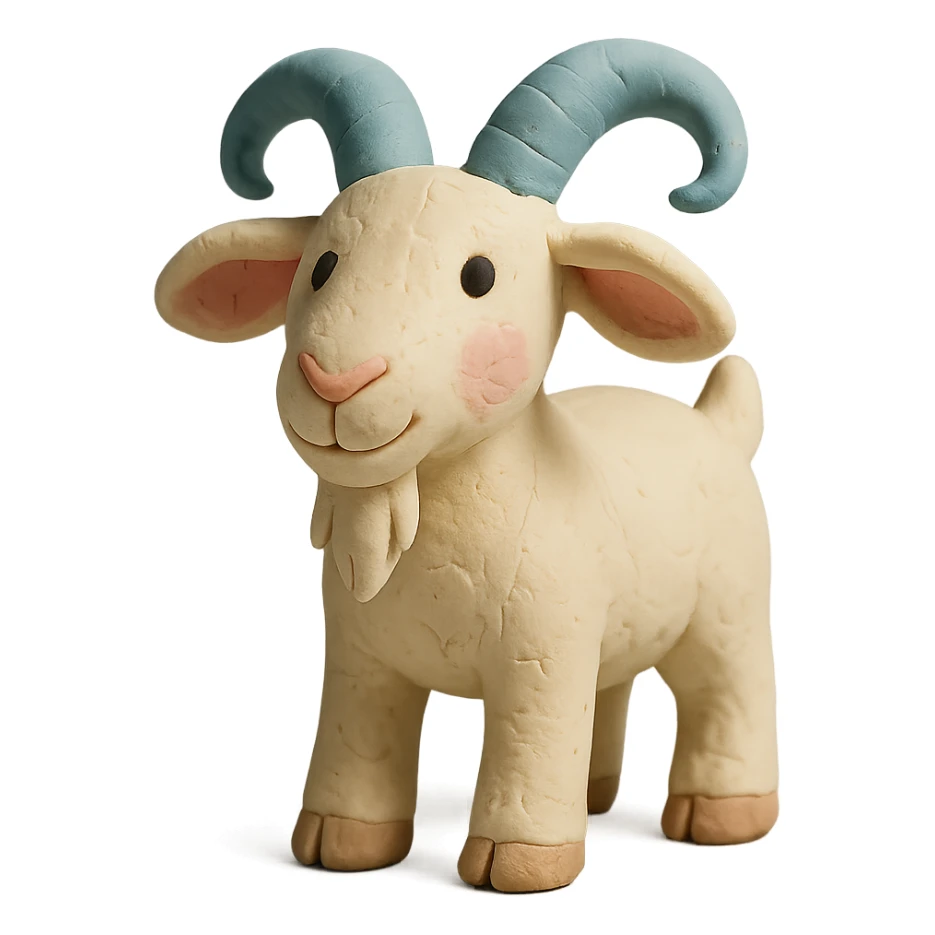 playful goat with curved horns, soft pastel colors, hand-molded details, claymation style sticker