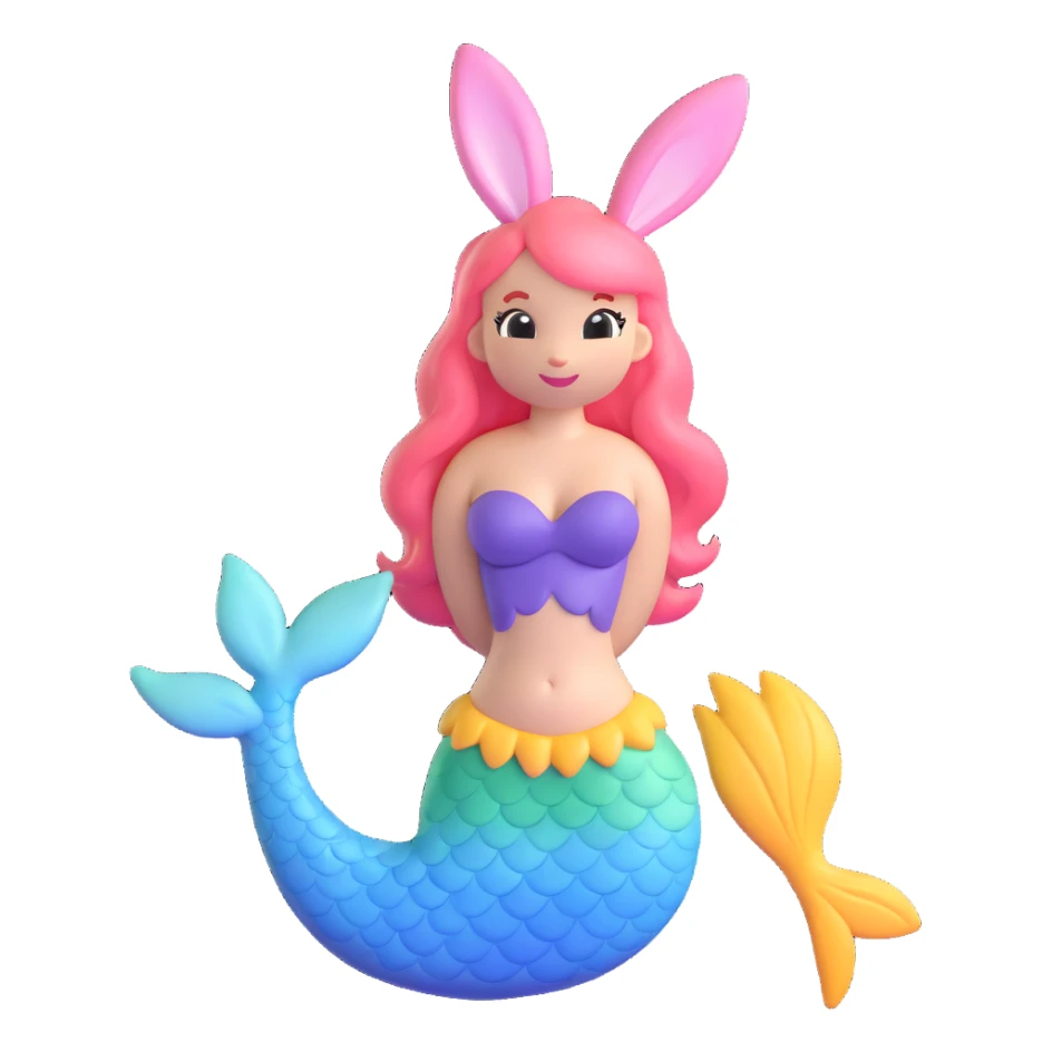 Turn this bunny mermaid illustration into an iOS 18 style 3D emoji model, keeping the cute pastel colors and playful look, with a smooth, rounded, and glossy finish typical of iOS 18 3D emojis. sticker