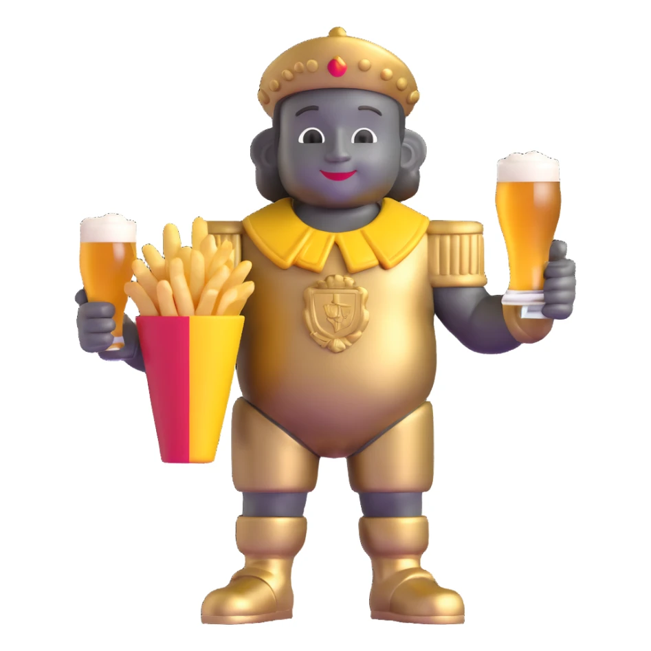 Classic Manneken Pis statue, holding Belgian beer and fries, metallic finish sticker
