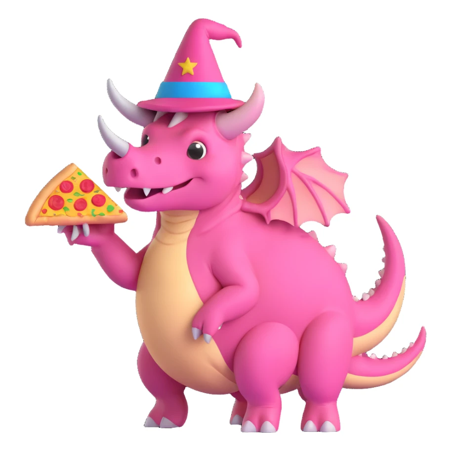 pink triceratops with a wizard hat holding a pepperoni sausage pizza slice sticker