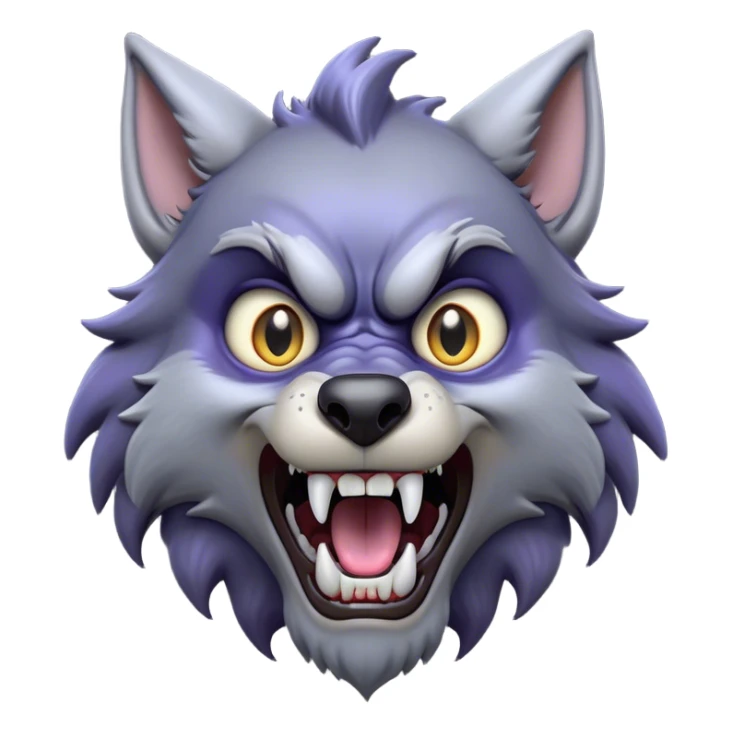 Cinematic Comical Werewolf Portrait Emoji, with a whimsically exaggerated lupine face in vivid moonlit grays and silvers, head cocked in a dramatically shocked expression with comically oversized, wide eyes and a playful snarl, simplified yet hilariously expressive, highly detailed with a soft cartoonish glowing outline capturing the mischievous humor of a werewolf mid-transformation! sticker