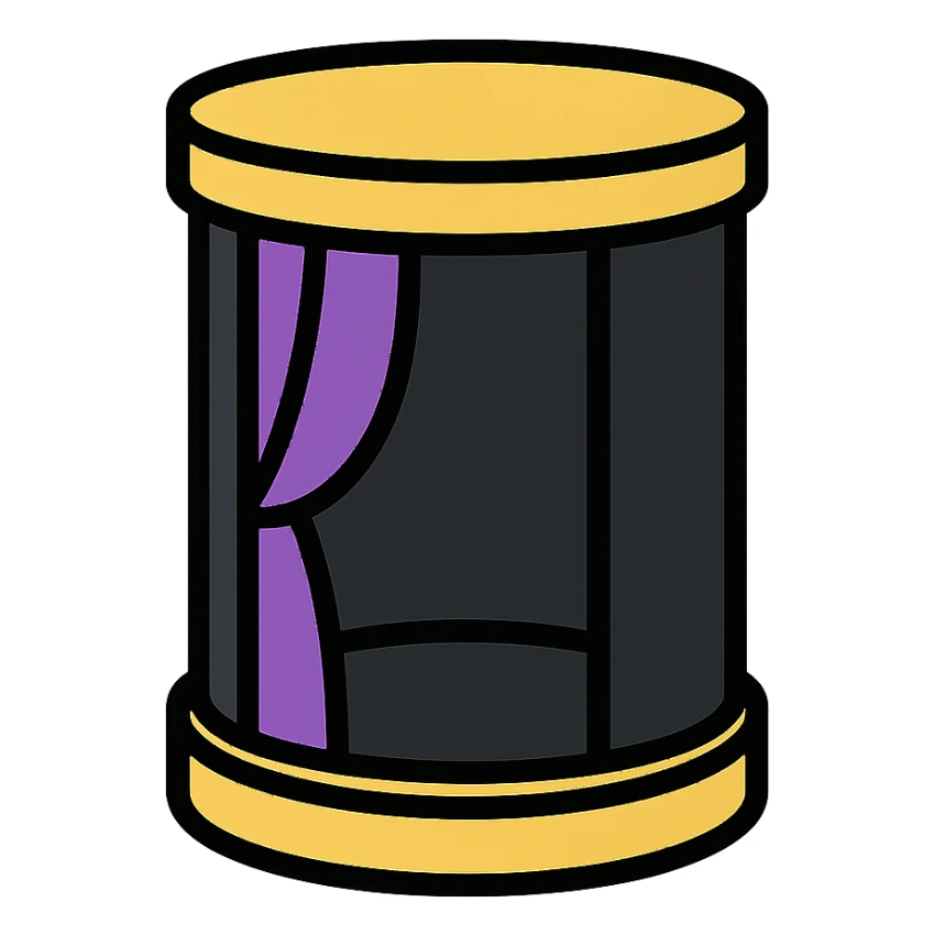 privacy enclosure for 360 spin booth with purple, black, and gold accents, elegant and modern look, luxury event vibe sticker