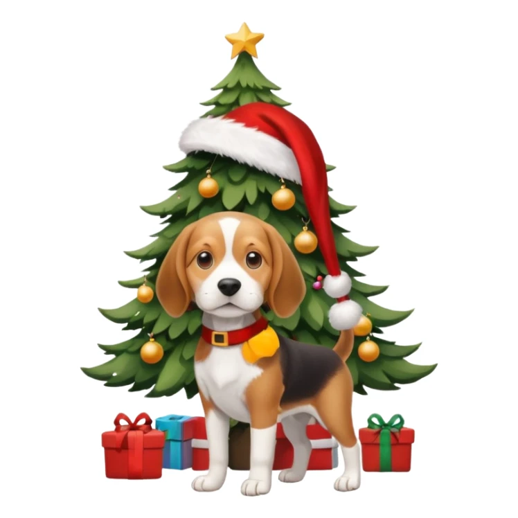 beagle wearing santa hat and standng by the xmas tree sticker