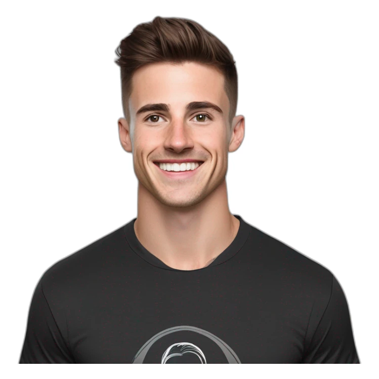 Mason mount 30 year old American Silicon Valley designer smiling with stubble and mustache in a black tshirt with broad shoulders profile photo hair fade undercut sticker