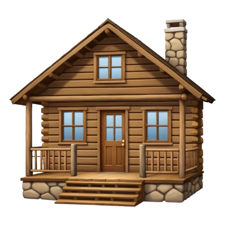 A rustic wooden cabin with horizontal log-style siding and a small front porch enclosed by crossed wooden railings. The cabin has a simple rectangular shape, a sloped roof, and warm brown wood tones throughout. sticker