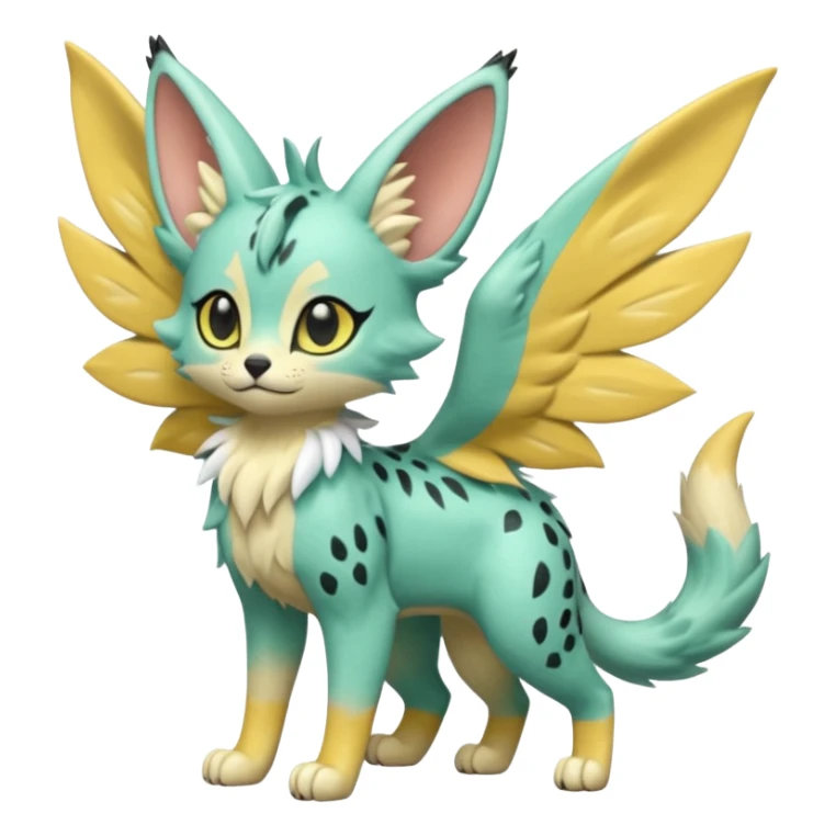 Epic complex detailed pastel minty green, pastel beige yellow pastel realistic aesthetic-scenic-Fakémon-Zorua-Litten-Trico-Sergal-Serval-Vernid-creature (full body) with far wings, shiny sparkly fairycore theme  sticker