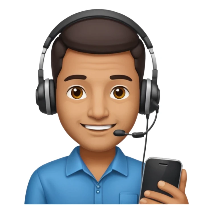 Indian man with a headset, smirking, holding a phone sticker
