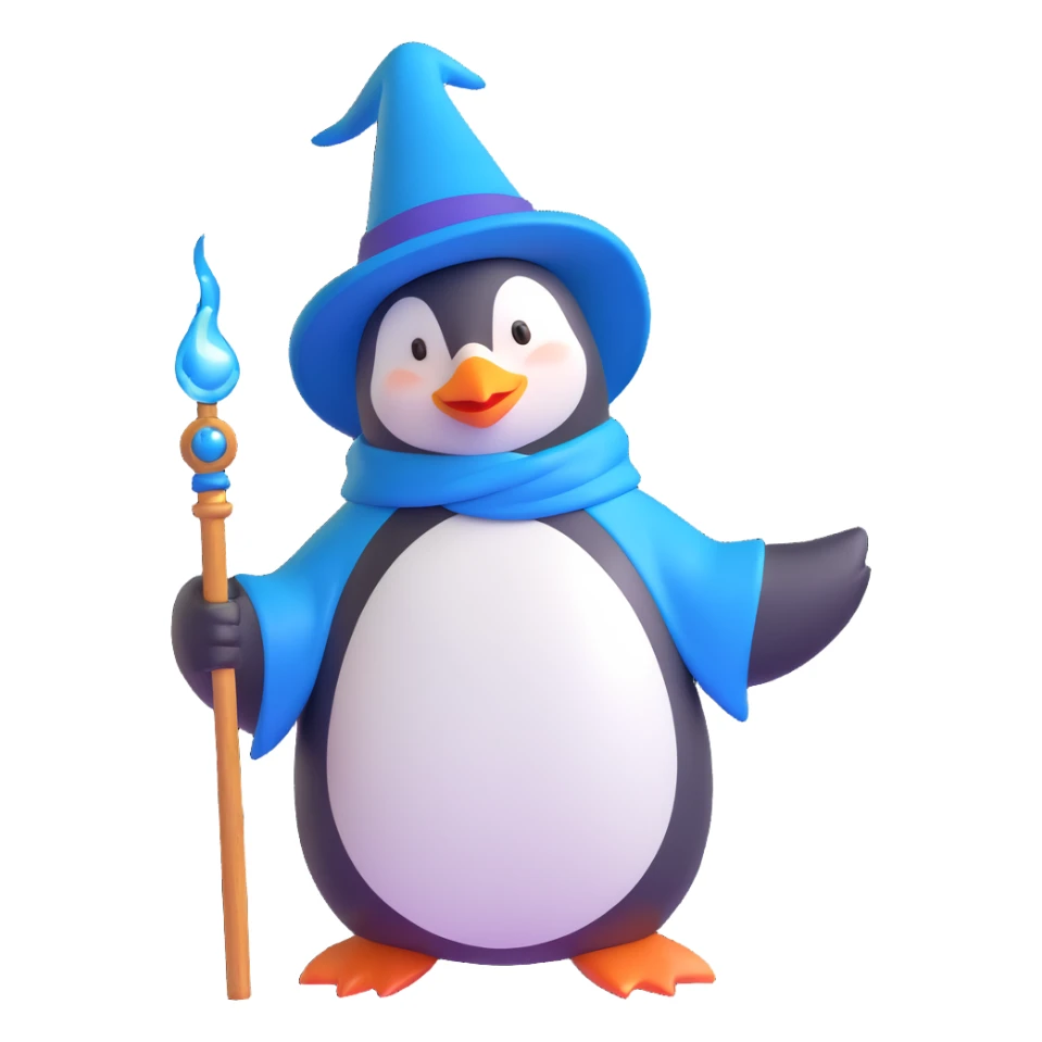 ios 3D style emoji of a penguin wizard with a blue hat and wand, casting a spell sticker