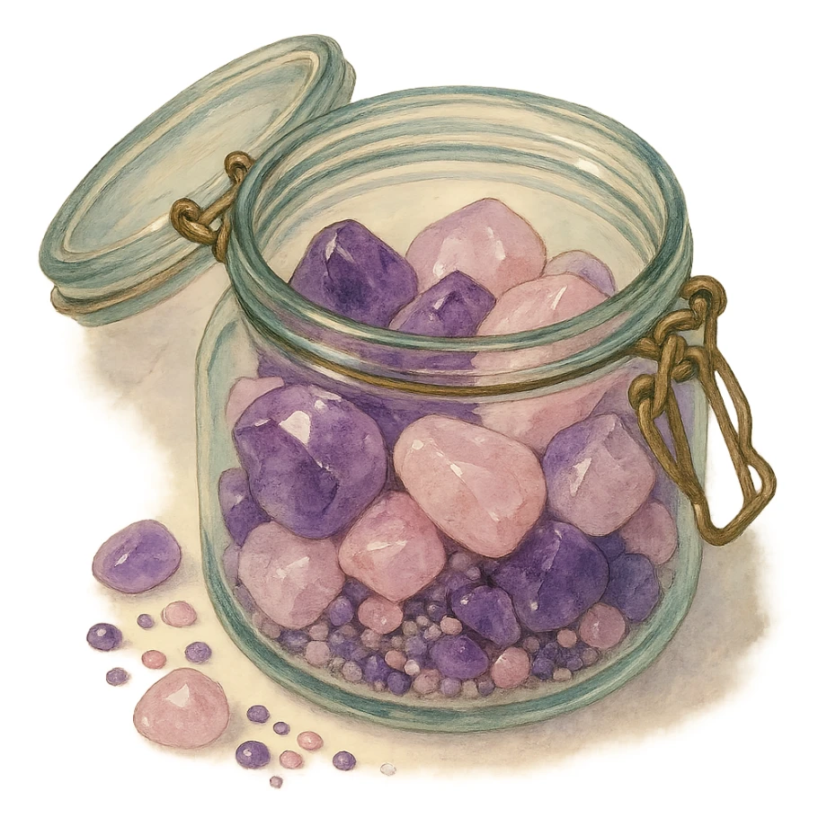 realistic amethyst and rose quartz crystal pieces in an open glass jar, different shapes and sizes, pretty small pebbles, mixed together, natural colors, soft, fairy-like atmosphere, no background, square size sticker