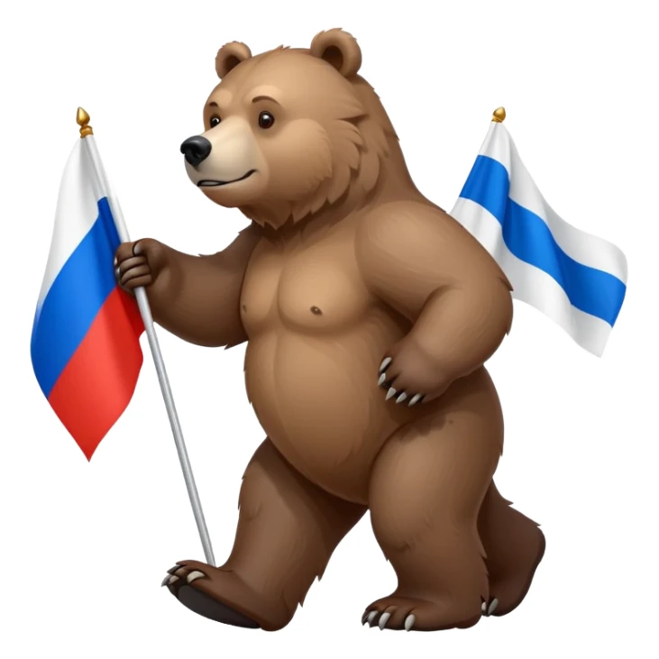 Light brown grizzly bear walking on four paws with small Russian flag (white, blue, red) on its back, realistic features sticker