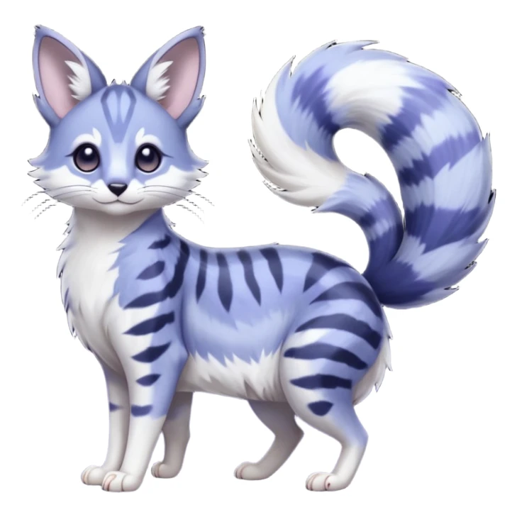  dull-colored gloomy-dark-deep-grayish-indigo-violet-gradients ghostly spectral spooky fur with random dark markings beautiful elegant pretty precious cute  Fakémon-Pokémon-opossum-feline-serval-caracal-chinchilla-Minccino-hybrid-creature with a big fluffy bushy striped tail (full body) sticker