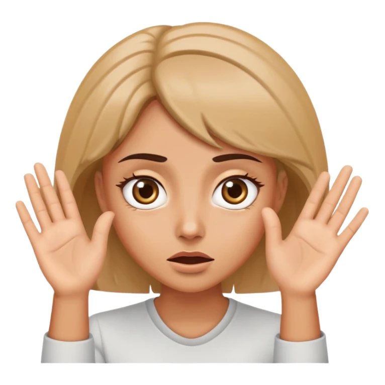 Woman with wide eyes and confused expression, hands raised by face sticker