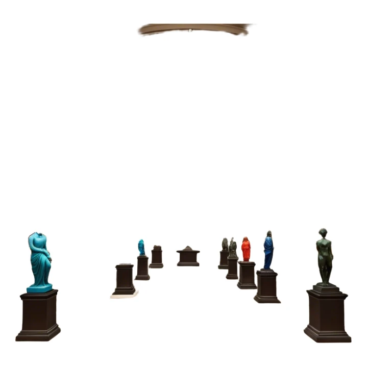 An icon featuring an elegant art gallery with classic paintings hanging on the walls, and sculptures displayed on pedestals. Visitors admire the exhibits, capturing the essence of culture, history, and art. Set against a transparent background. sticker