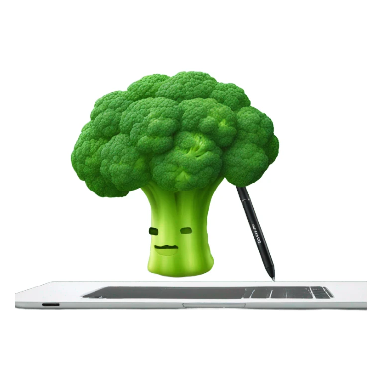 Generate a creative broccoli emoji sitting in front of a computer with a stylus, designing something on a screen. sticker