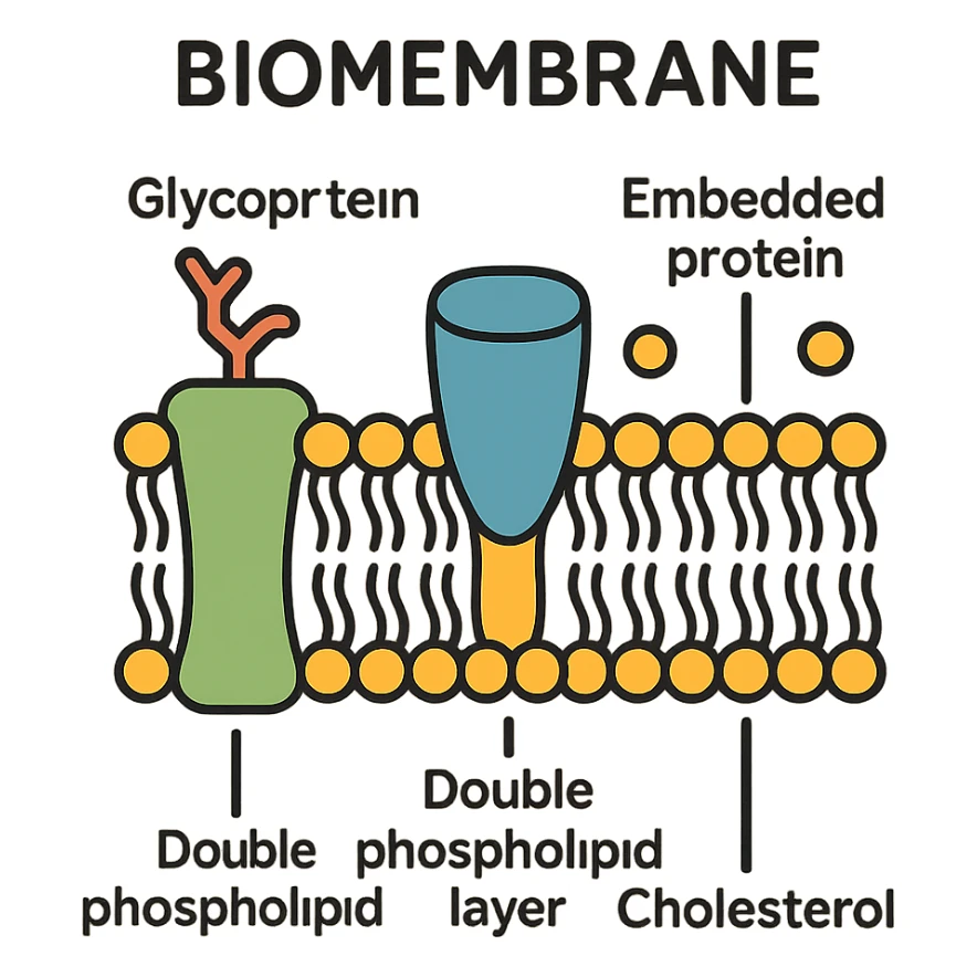 scientific diagram of biomembrane schematic view of double phospholipid layer, embedded proteins, glycoproteins, cholesterol, educational annotations, flat color style sticker