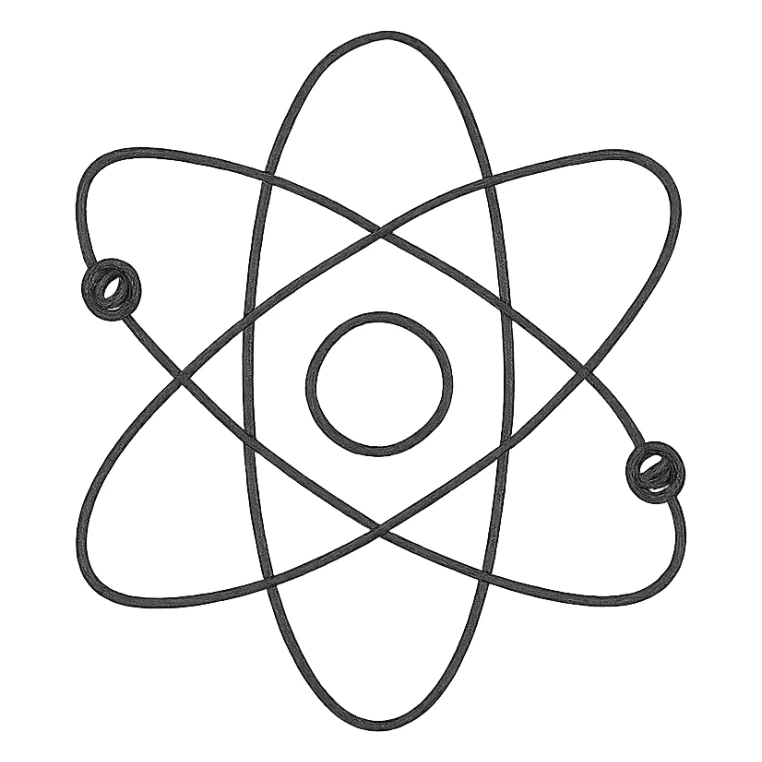 atomic symbol, black and white, hand drawn outline, no fill sticker