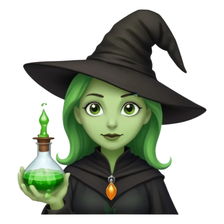Witch with Green Skin – long-nosed witch in black hat holding potion sticker