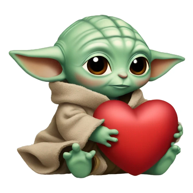 Baby Yoda holds a big plush red heart sticker