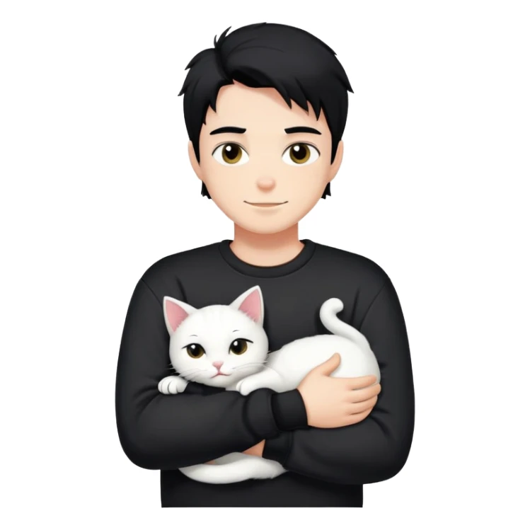 A bad boy with black hair wearing a sweatshirt happily hugs a white cat sticker