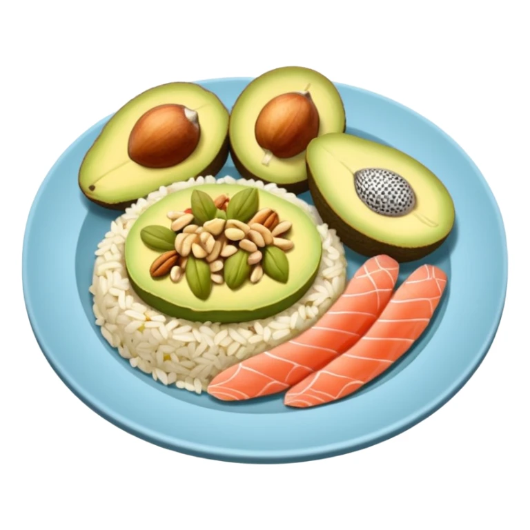 plato con comida variada granos aguacate rebanado salmon nueces arroz

 sticker