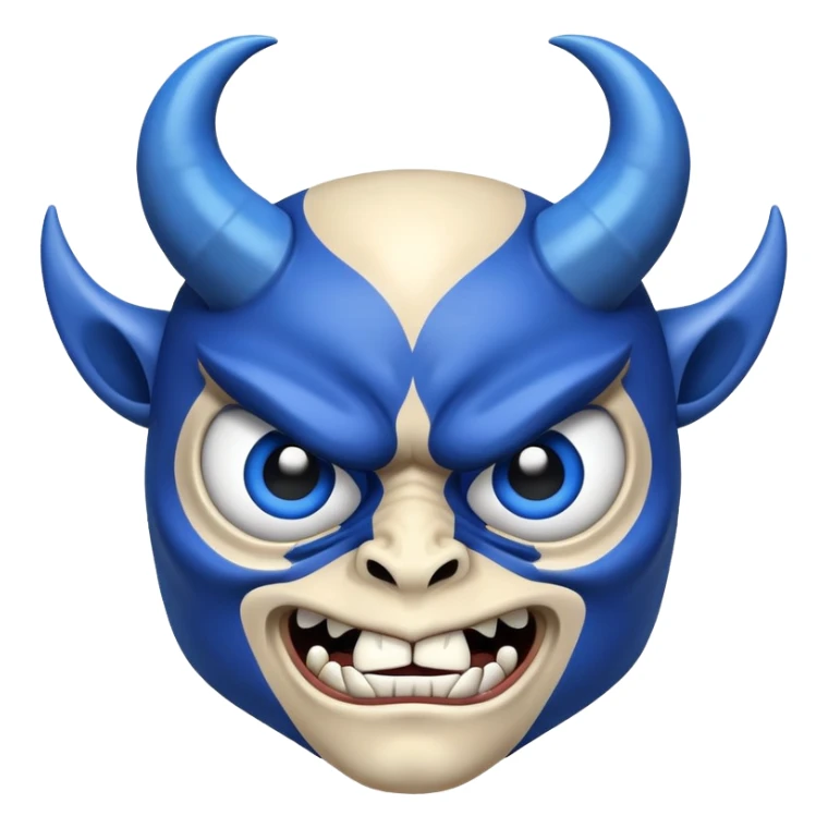blue demon emoji face with big expressive eyes and curved horns sticker