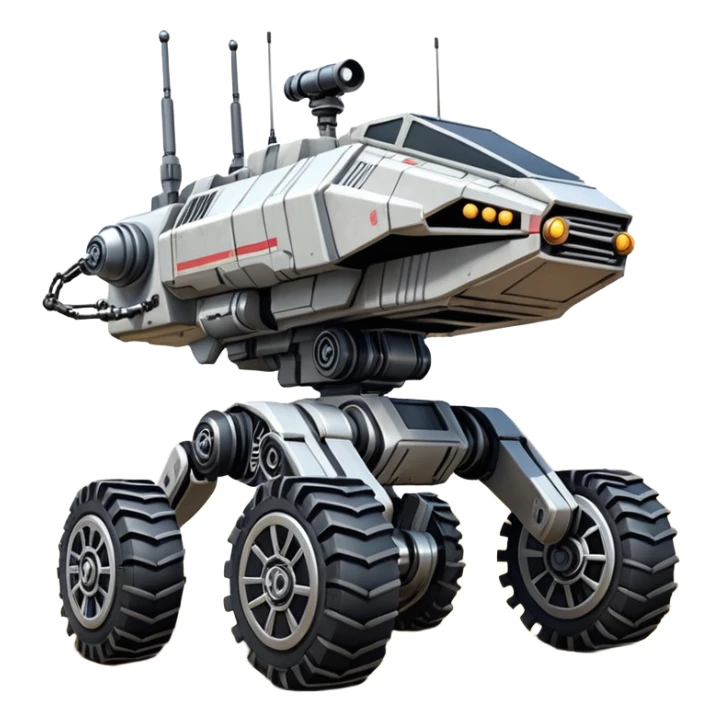 Star Wars jumping 8-wheel armored canine sporty self-balancing massive mech trail assault vehicle motor-in-wheel side-hill leaning actively robotically articulating hydraulic independent suspended pod gimbal enemy mech off-road racing rover with large fast engine basher crawler megatron  sticker