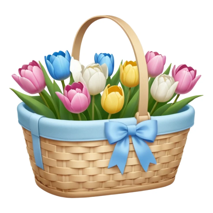 A white Picnic basket with pastel blue bow, white peonie, tulips sticker