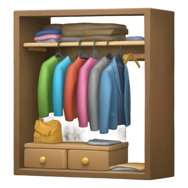 Design an emoji-style icon of an open wardrobe with clothes hanging inside. Include details like a wooden frame, hangers, and colorful clothing items such as shirts or any other clothing . Use a clean and minimalistic design. sticker