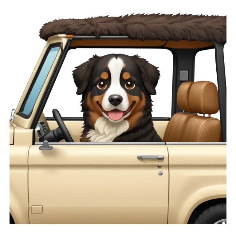 Bernese mountain dog in a cream colored ford bronco with no roof sticker
