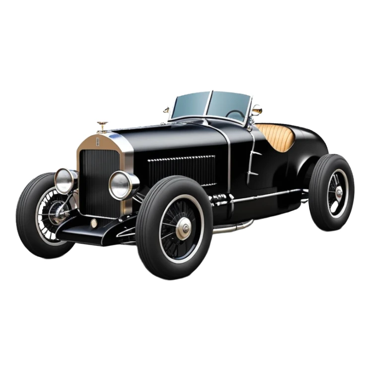 Darth Vader black Bare bones (channeled cowl) drag racing and speed record modified (fenders removed) chopped streamlined sporty roadster that is a (stripped down) hot street rodded engine sports car 1932 Rolls Royce Woody futuristic  wide racing wheels sticker