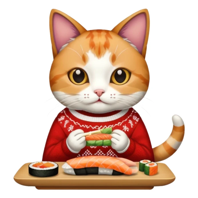cat wearing a christmas sweater eating sushi sticker